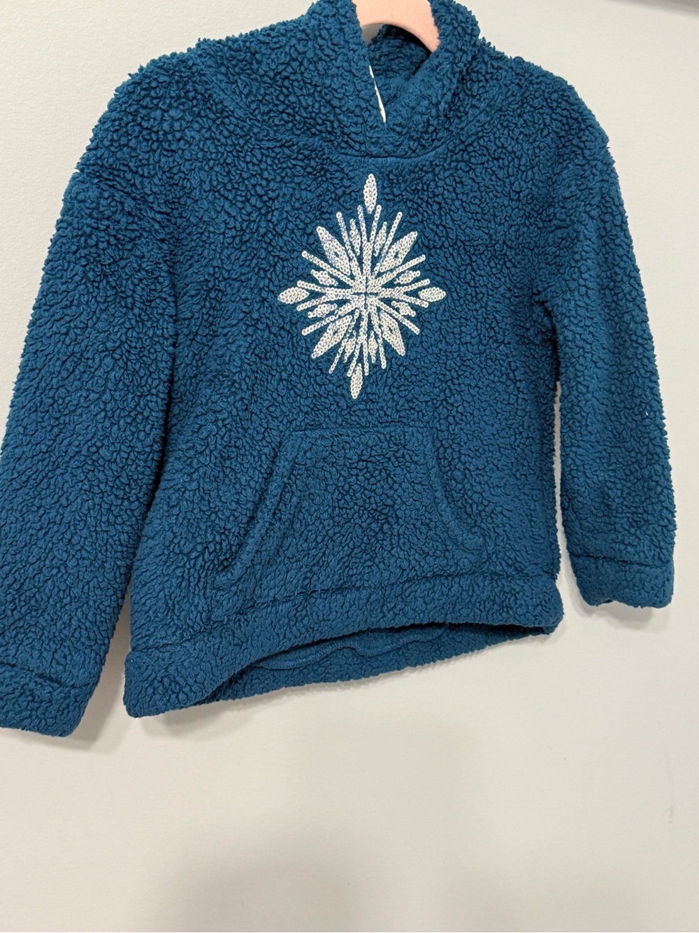 Kids Plush Sherpa Pullover Hoodie with Snowflake Accent - Teal